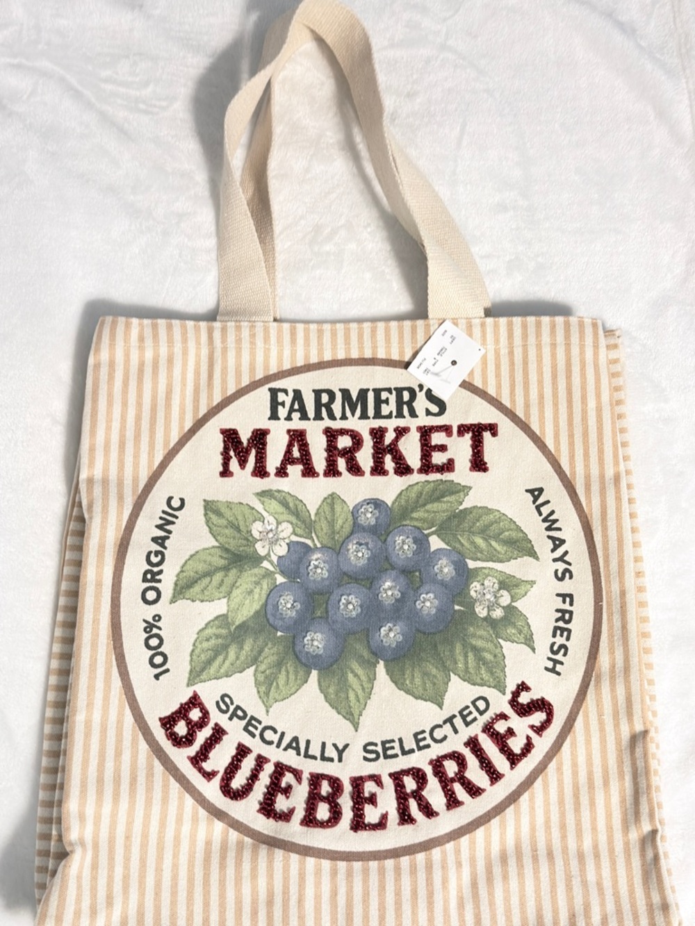 Farmer's Market Beaded Blueberries Tote Bag - Beige Striped